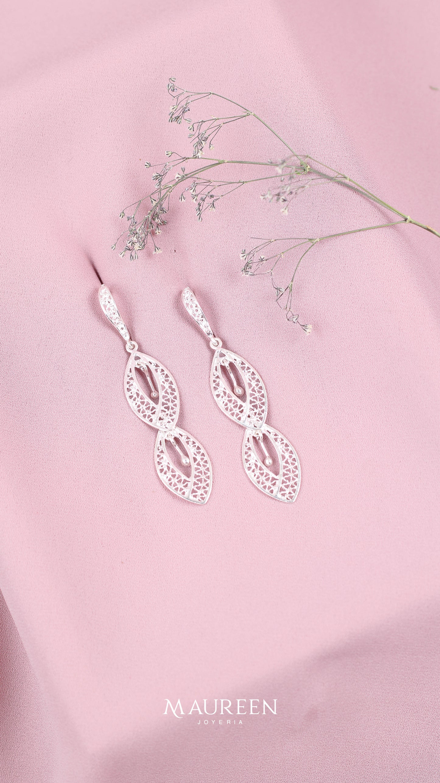 Arete dos hojas filigrana colgante- Plata