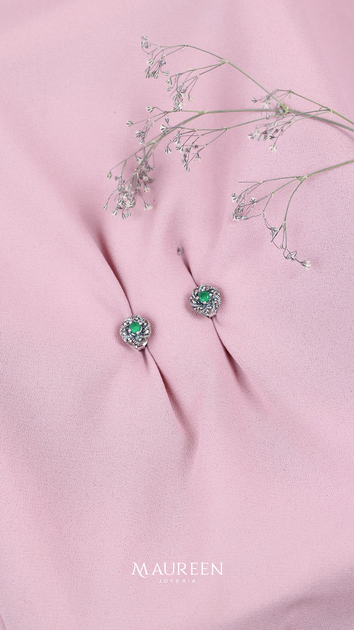 Arete marquesita flor y esmeralda - Plata