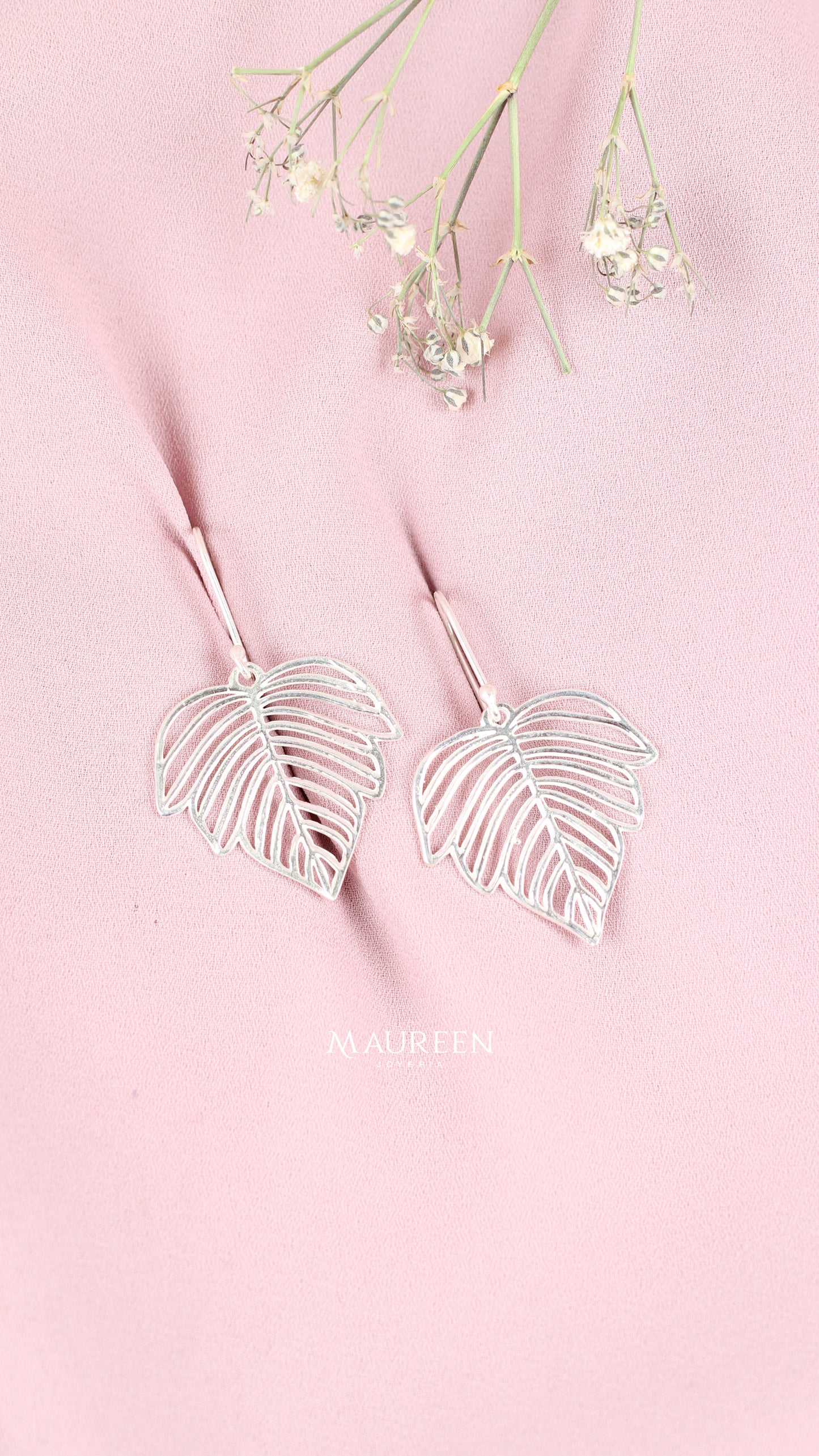 Aretes hoja calada 5 puntas colgante - Plata