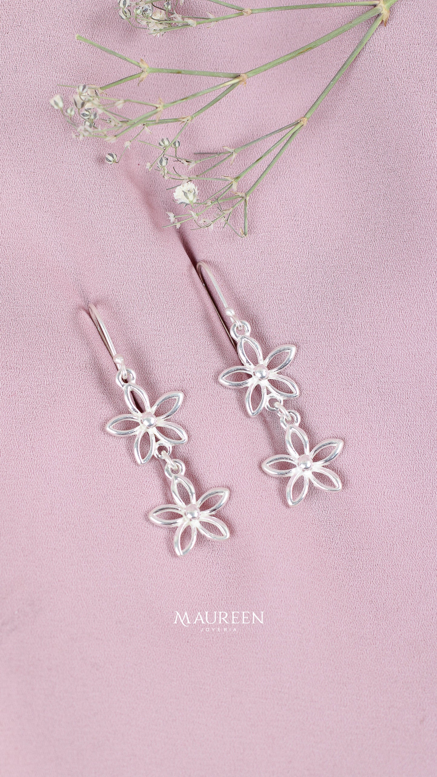 Arete colgante doble flor calada - Plata