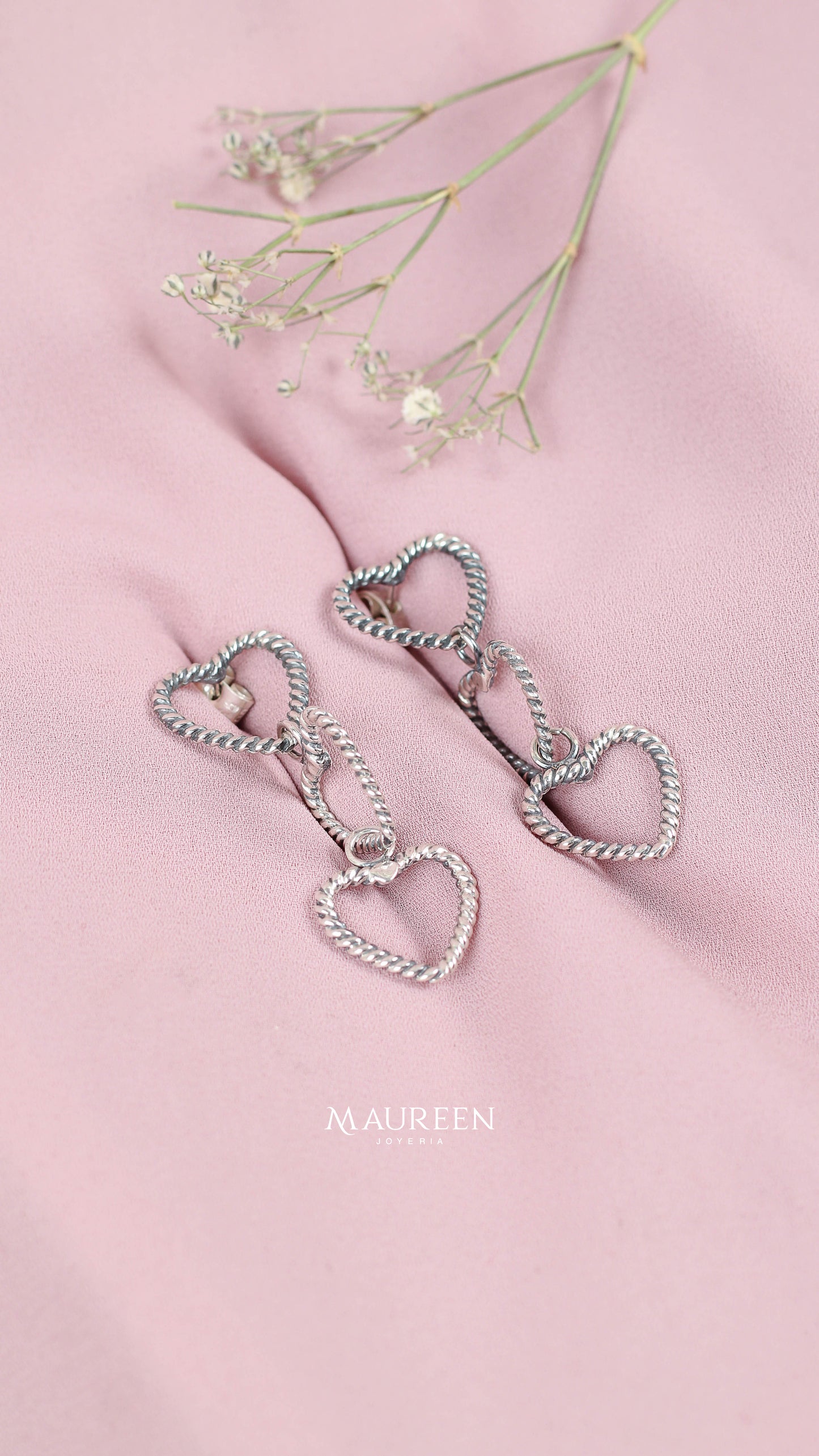 Arete colgante con 3 corazones calados enrrollados plata quemada - Plata