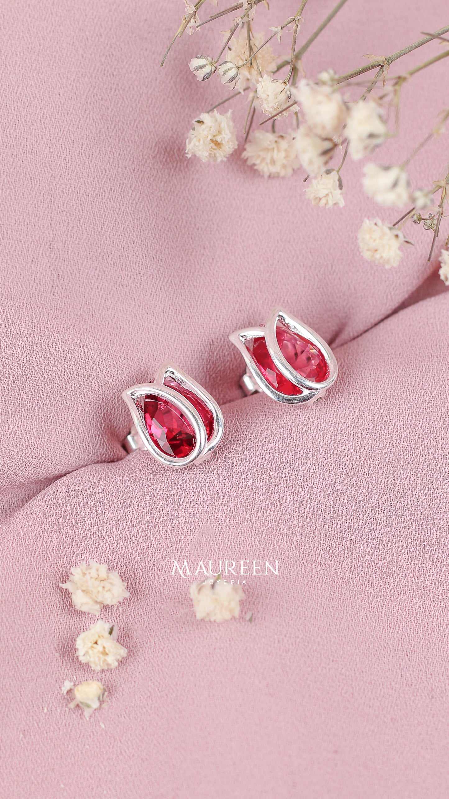 Arete tulipan piedra rubi pegado - Plata