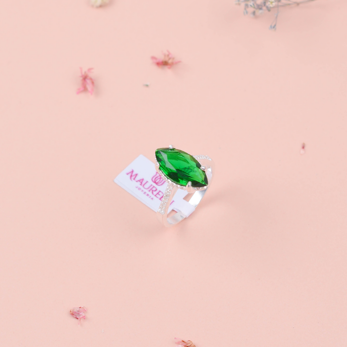 Anillo promesa piedra esmeralda gota - Plata