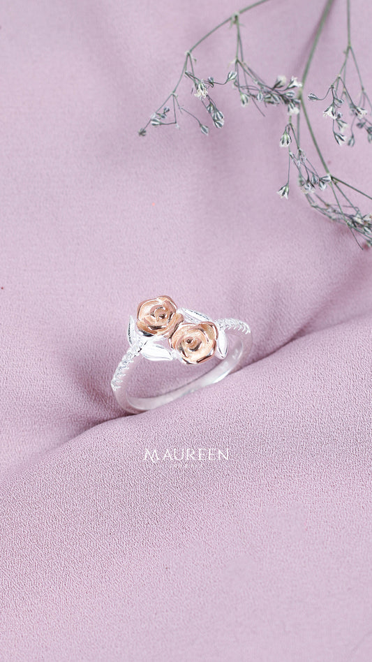 Anillo 2 rosas plata con oro y circones - Plata