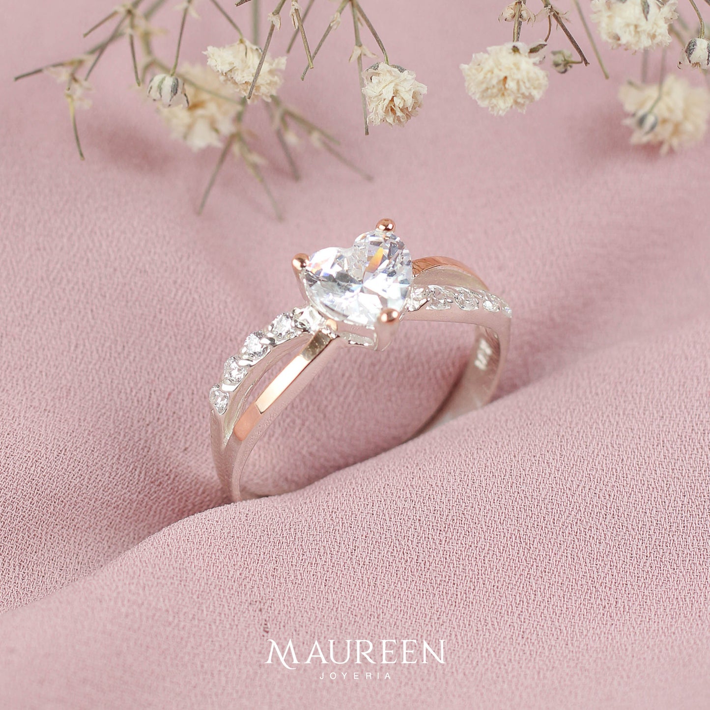 Anillo corazon con circones doble -Plata/oro