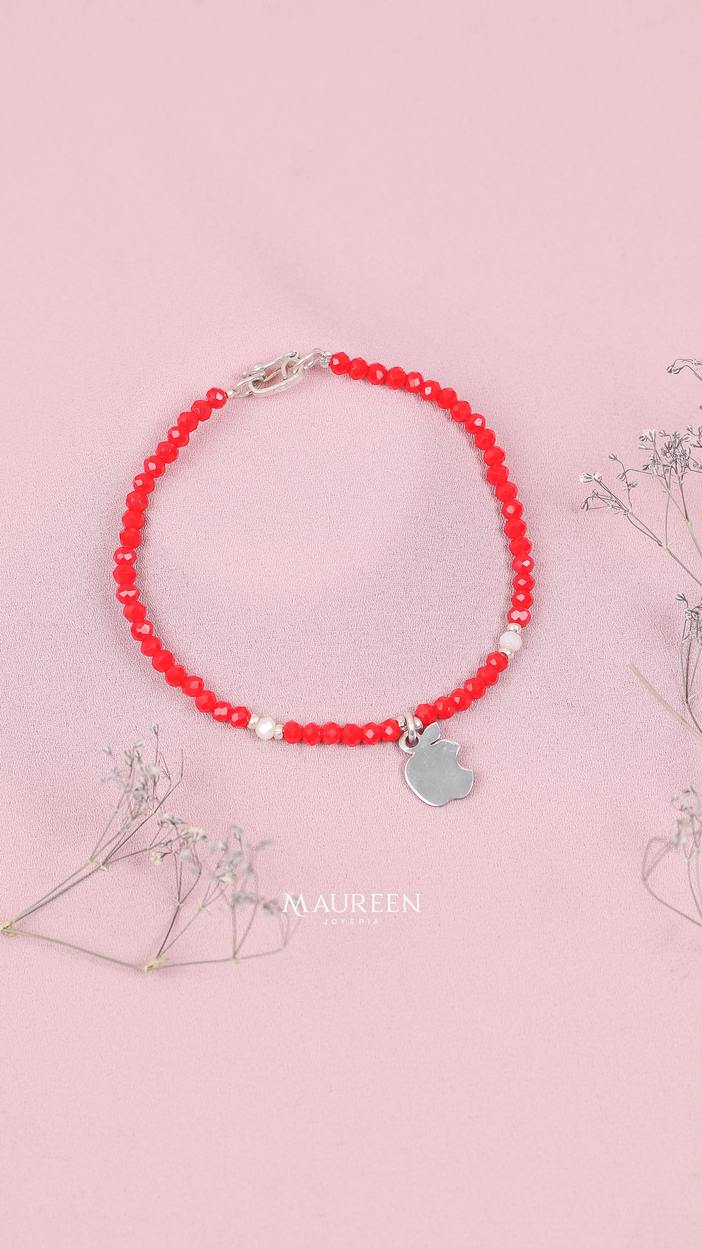 Pulsera placa manzana con Murano rojo - Plata