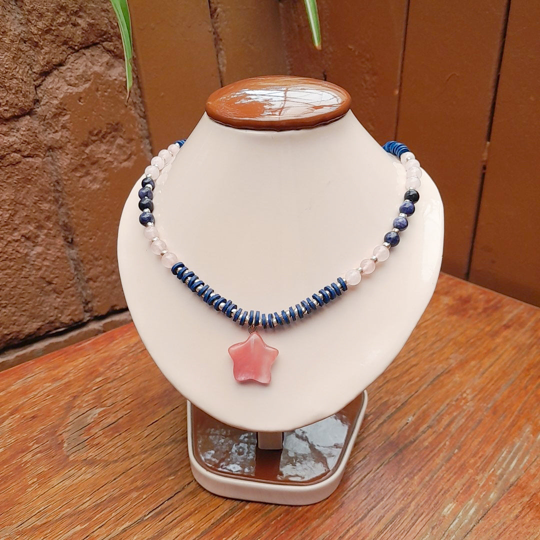 Collar estrella, plata y piedras naturales - Plata