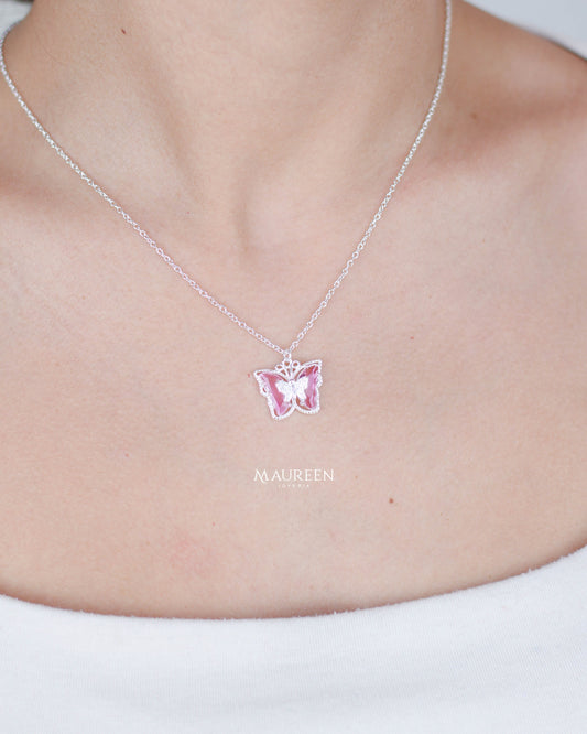 Collar mariposa piedra rosa de francia - Plata