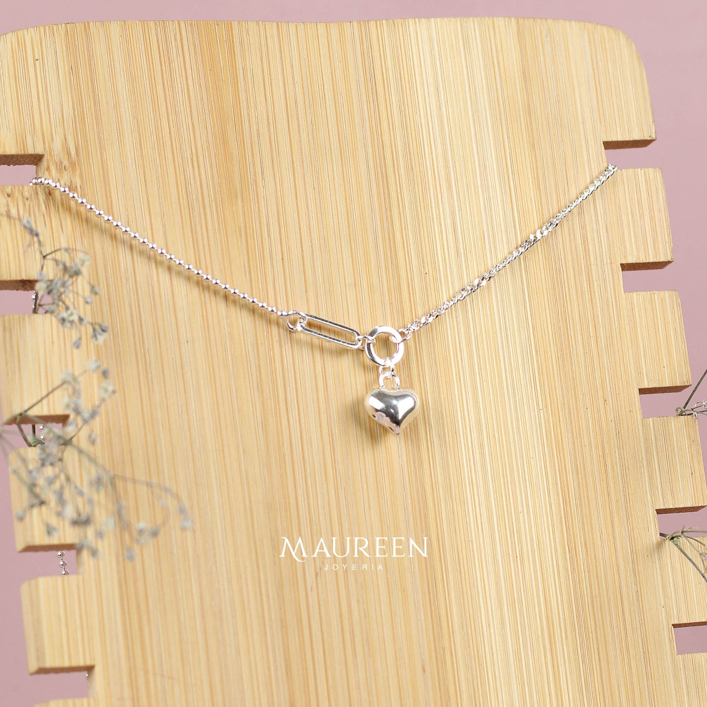 Collar dos cadenas con corazon bombacho- Plata