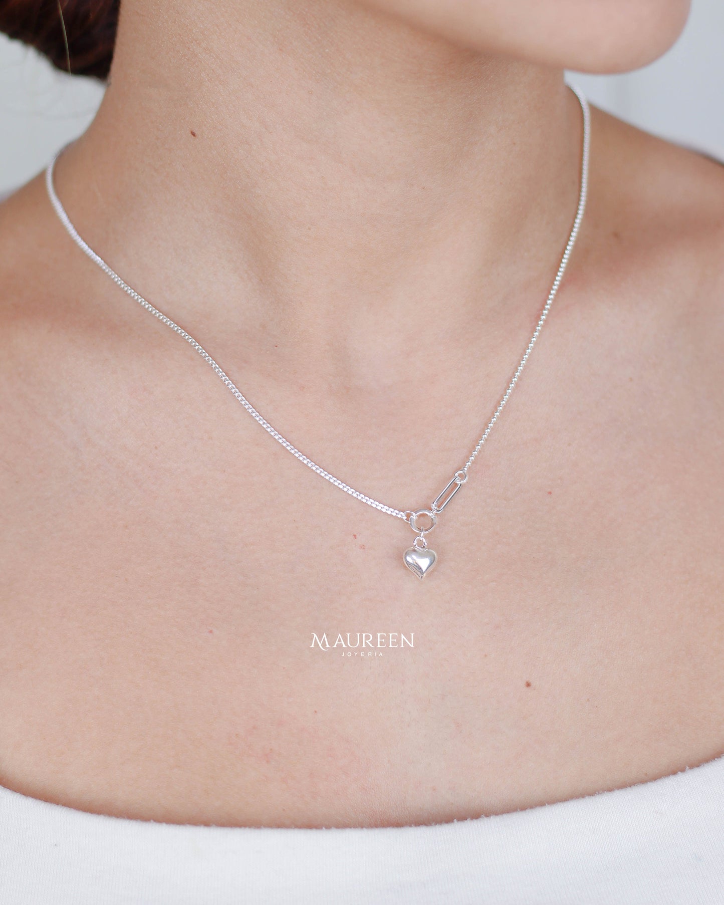 Collar dos cadenas con corazon bombacho- Plata