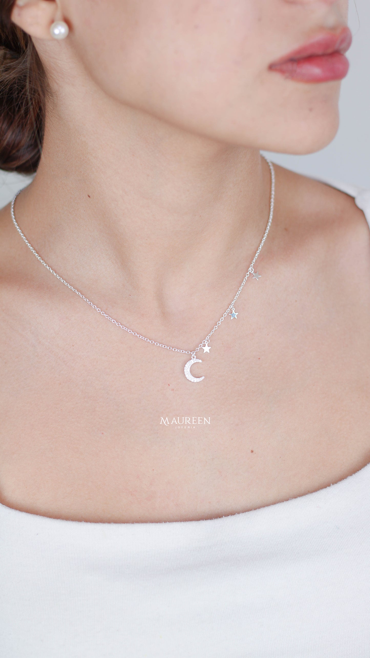 Collar luna con dijes de estrella - Plata