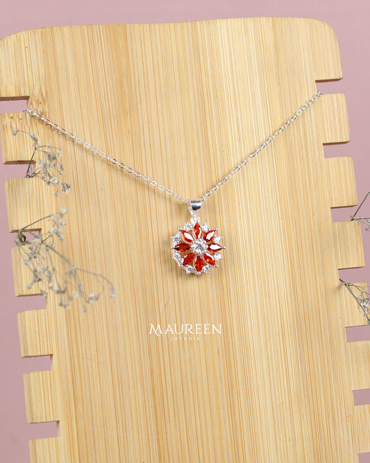 Collar flor con circones anaranjado - Plata