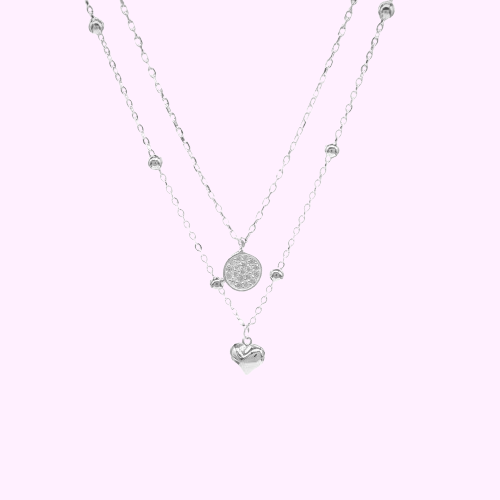 Collar corazon bombacho con esferas y circulo de circon - Plata