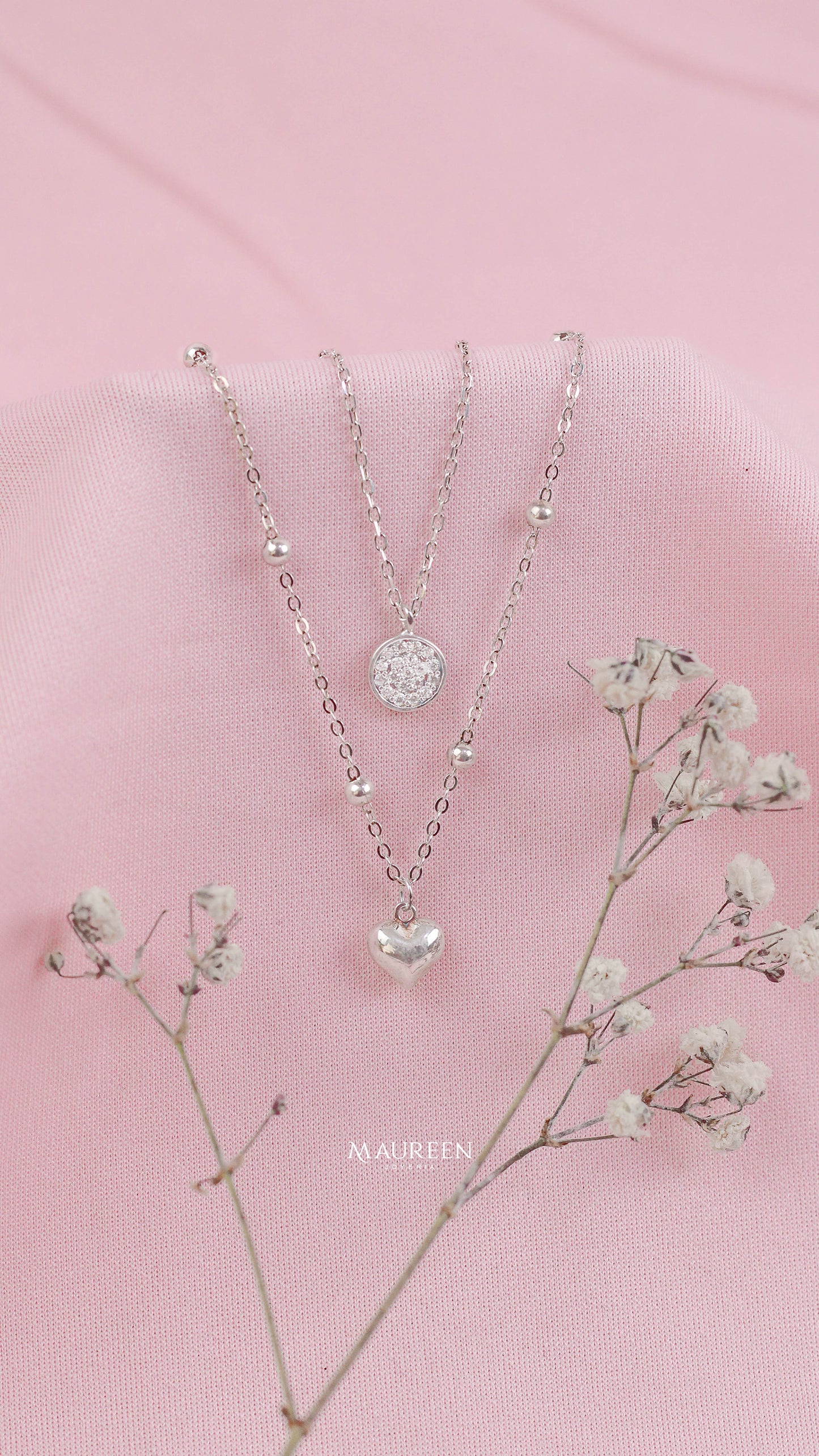 Collar doble corazon y punto de luz - Plata