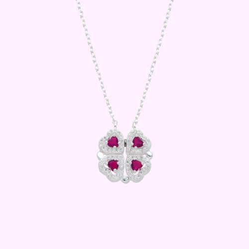 Collar trebol corazones fucsia - Plata