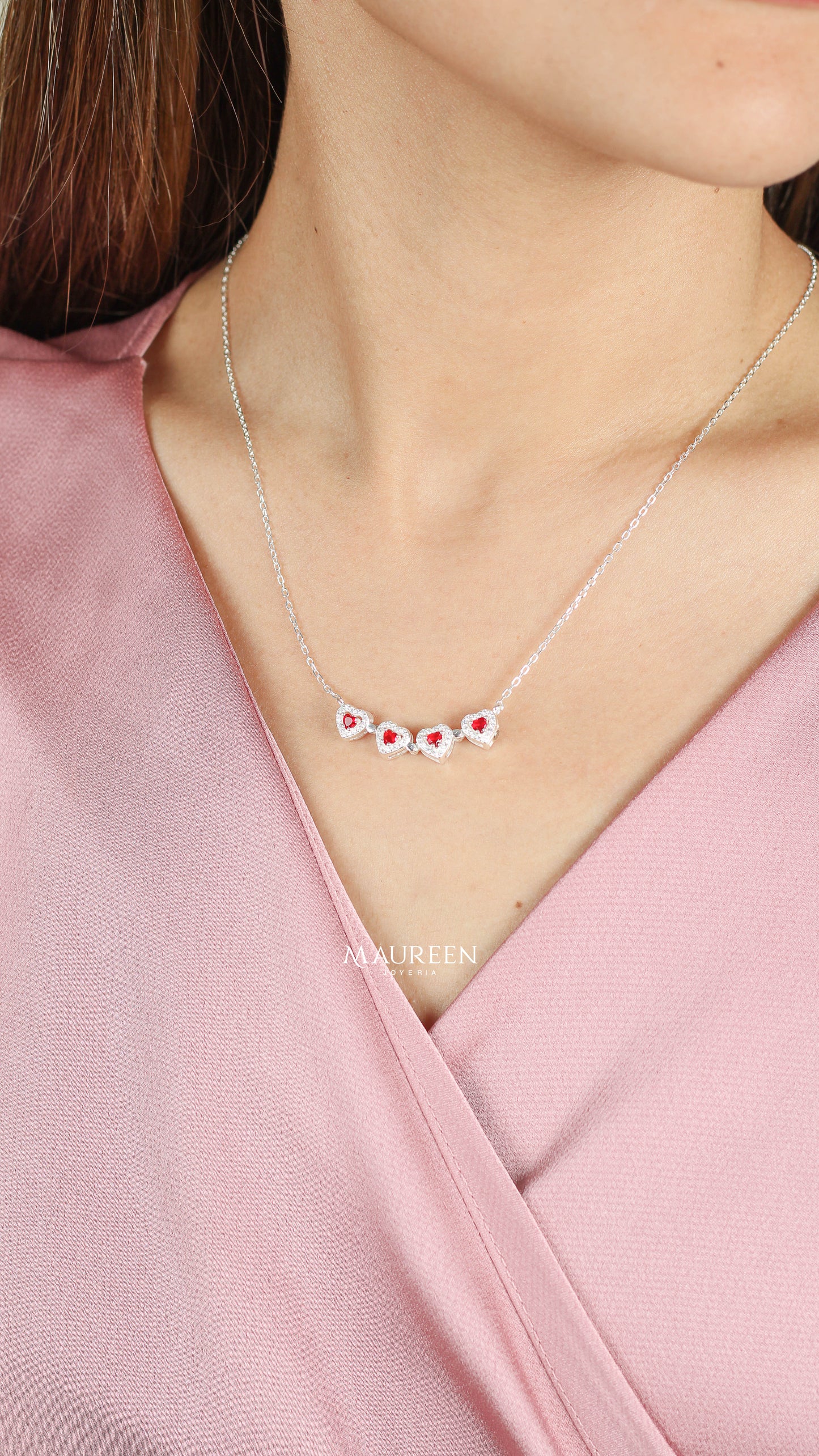 Collar trebol corazones rubi - Plata