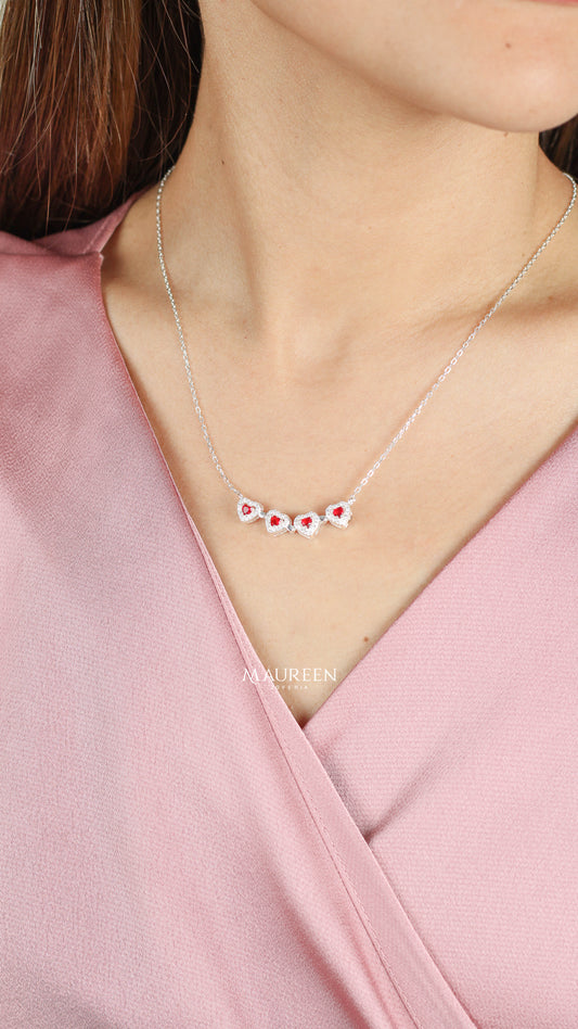Collar trebol corazones rubi - Plata