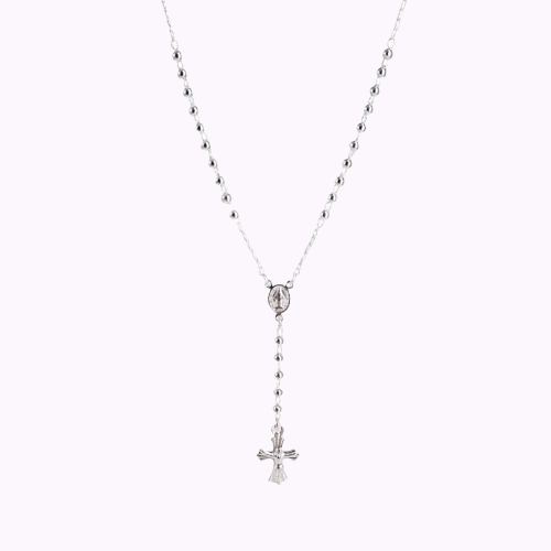 Collar rosario medalla milagrosa y cruz bolas pequeñas- Plata