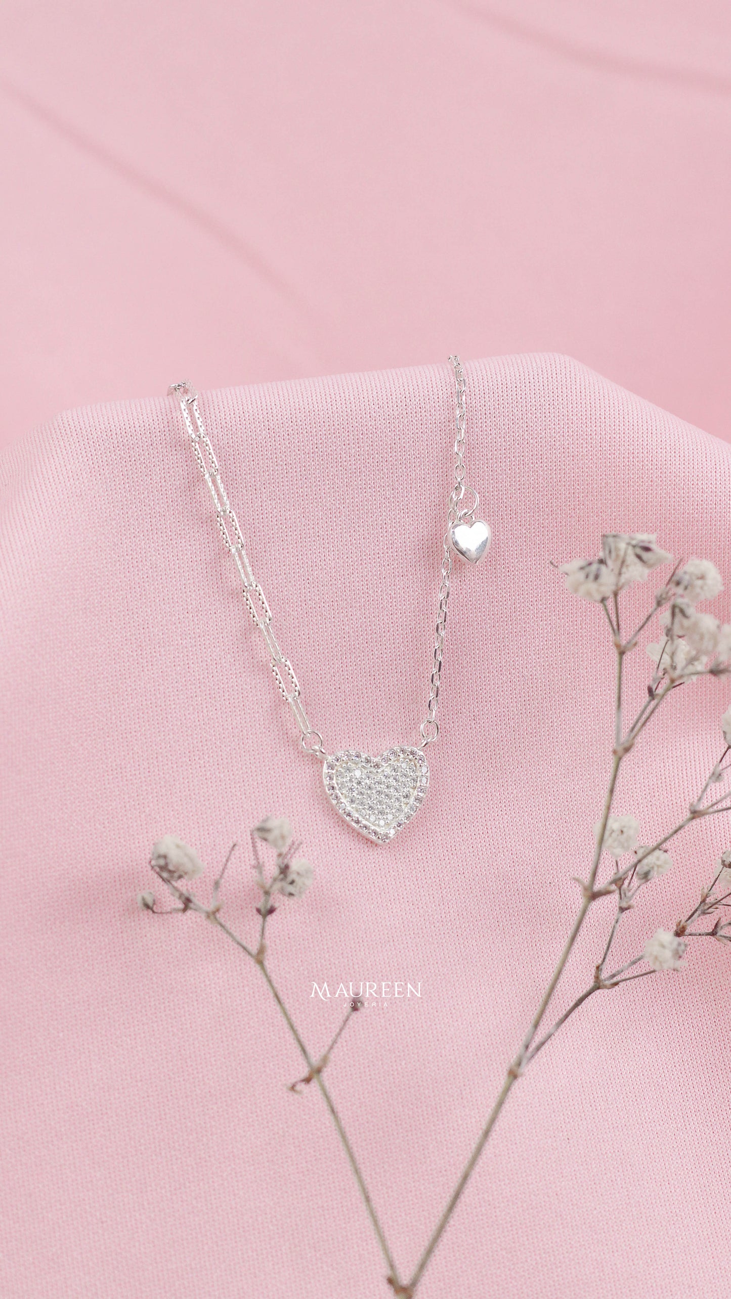 Collar dos corazon y dos cadenas - Plata