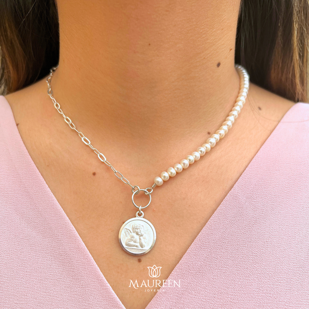 Collar ángel y perlas - Plata