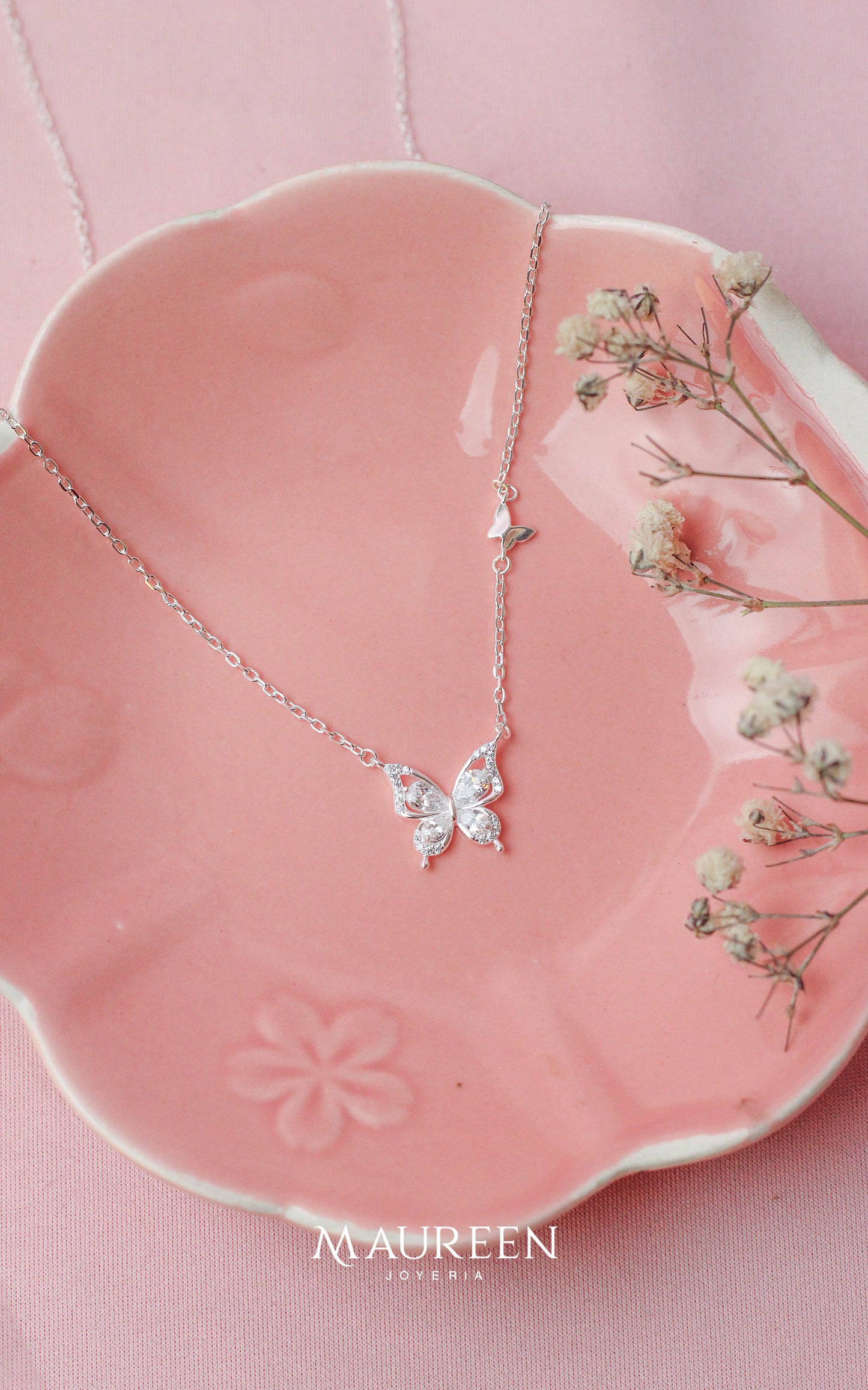 Collar dos mariposas circon - Plata