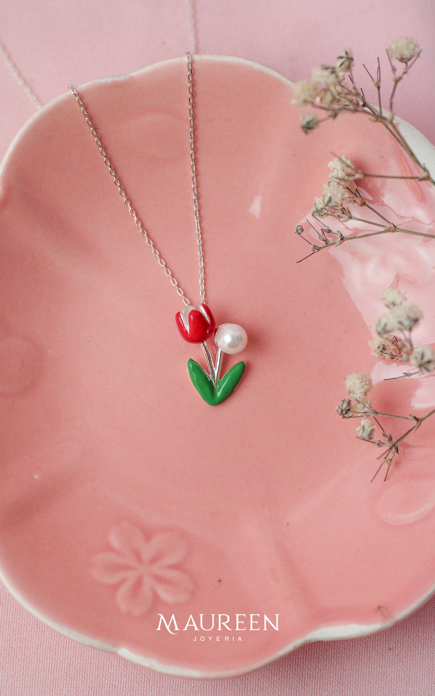 Collar flor con perla - Plata