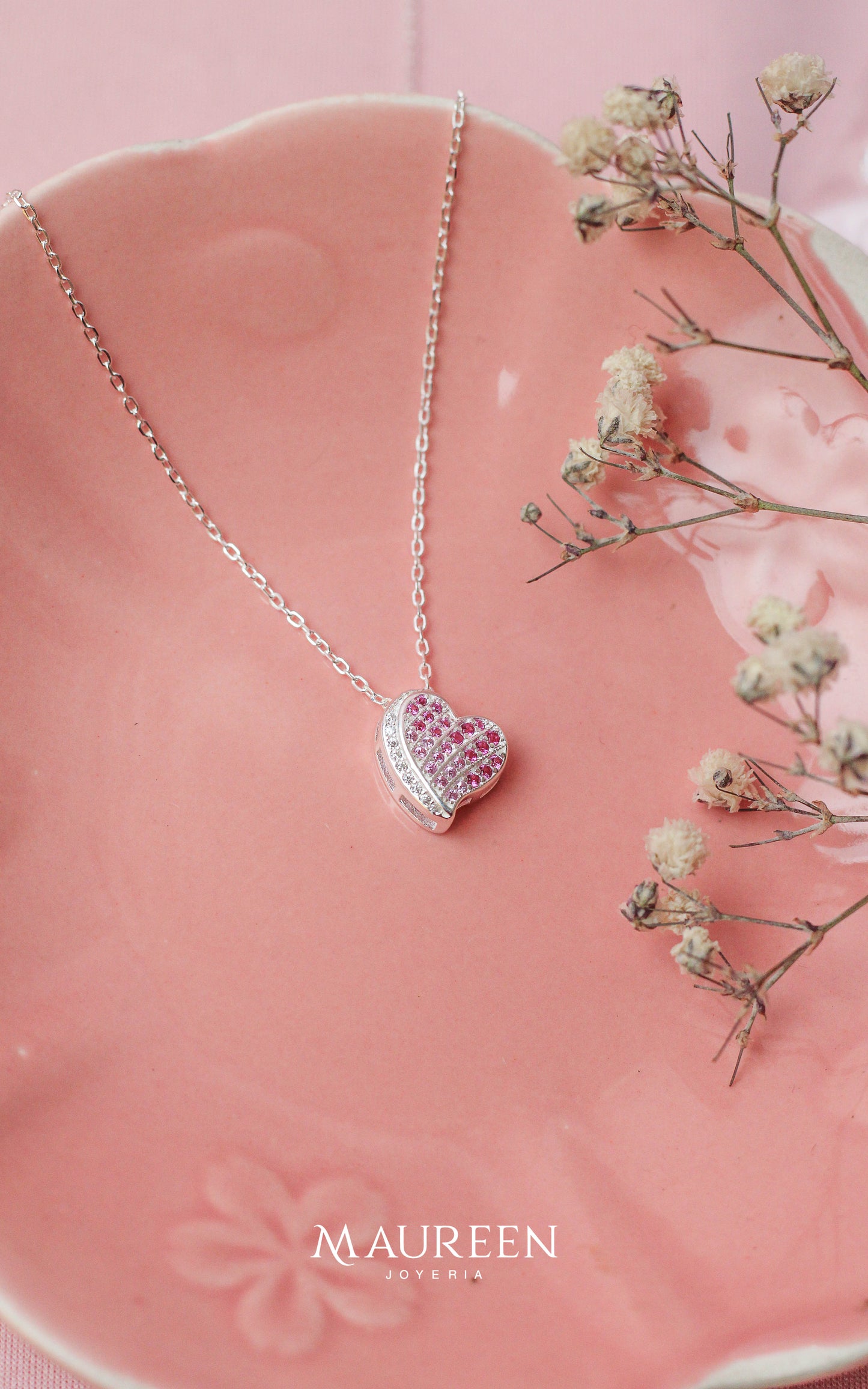 Collar corazon rubi y rosado - Plata
