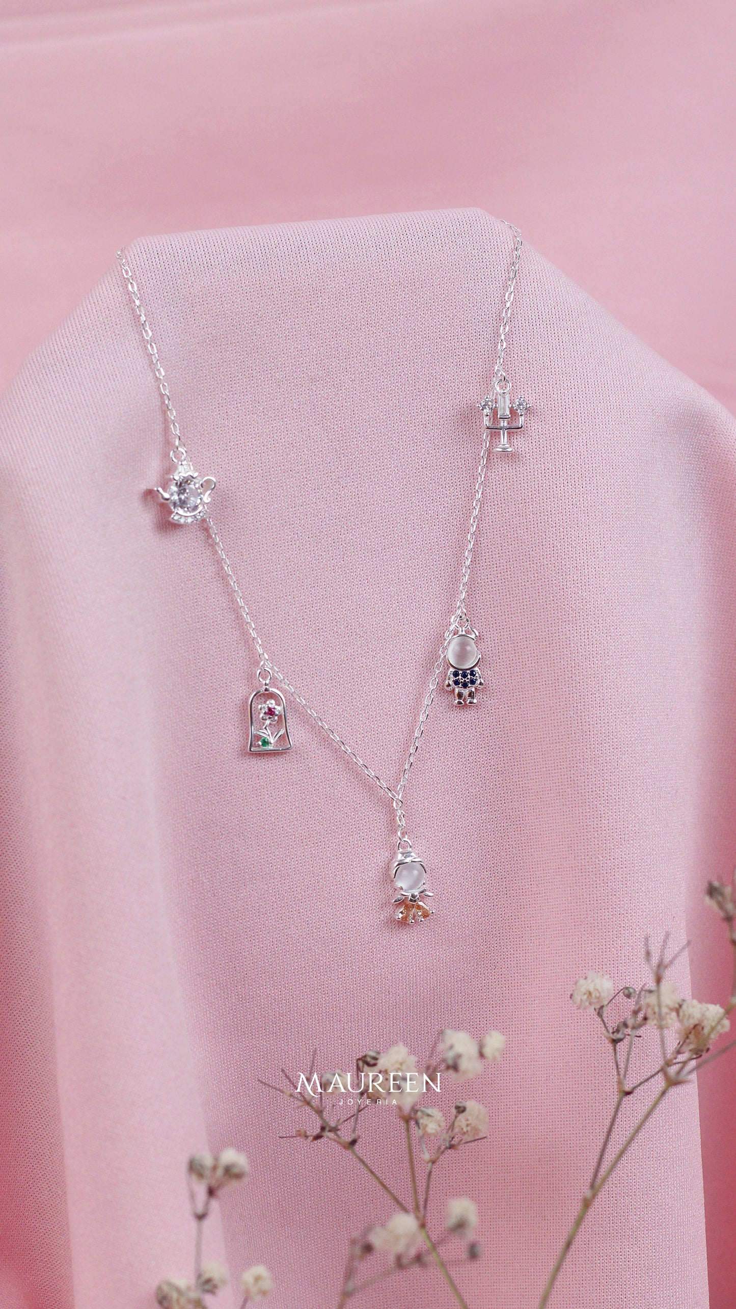 Collar bella y la bestia 5 dijes - Plata