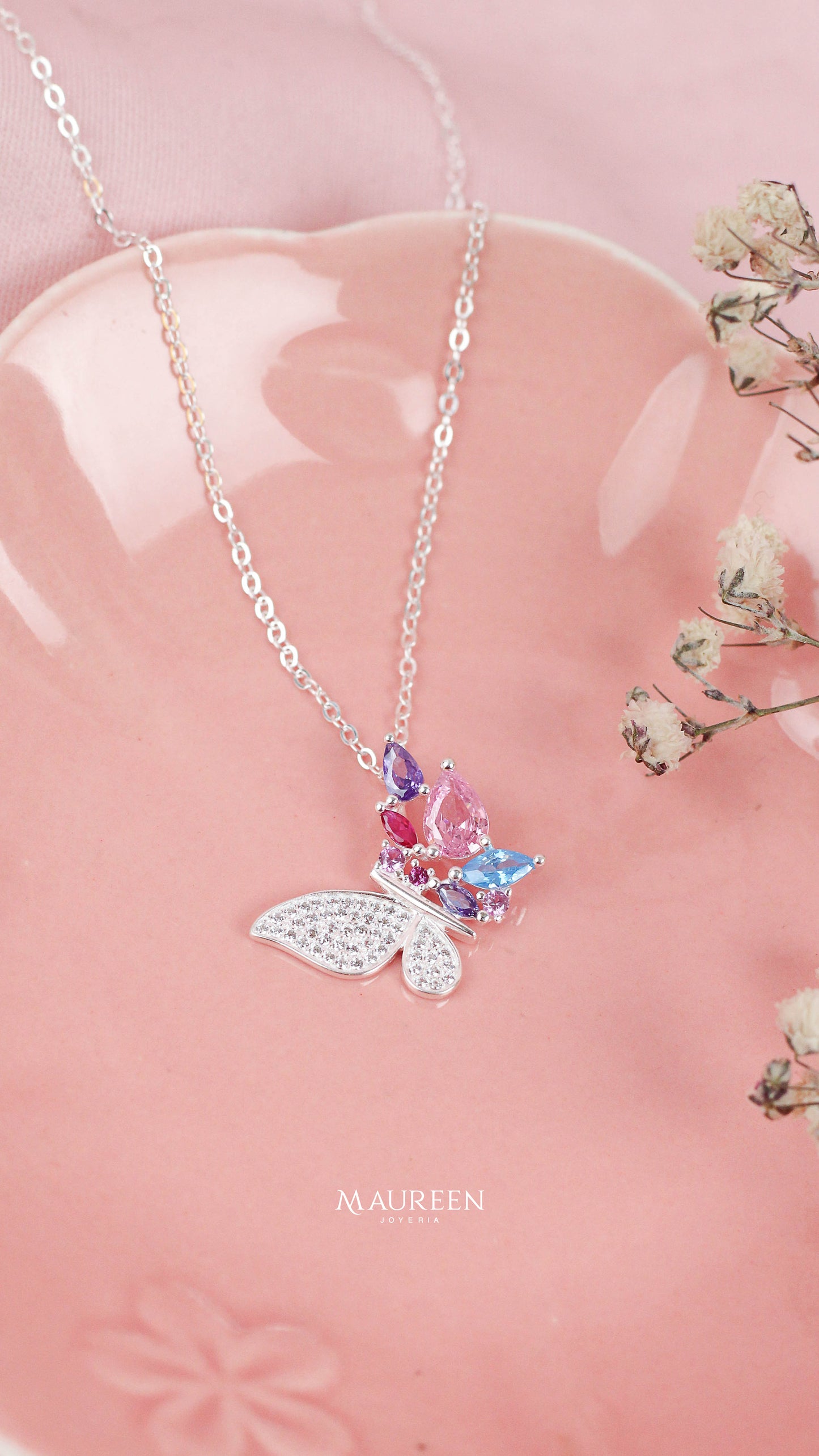 collar mariposa con circones de colores - Plata