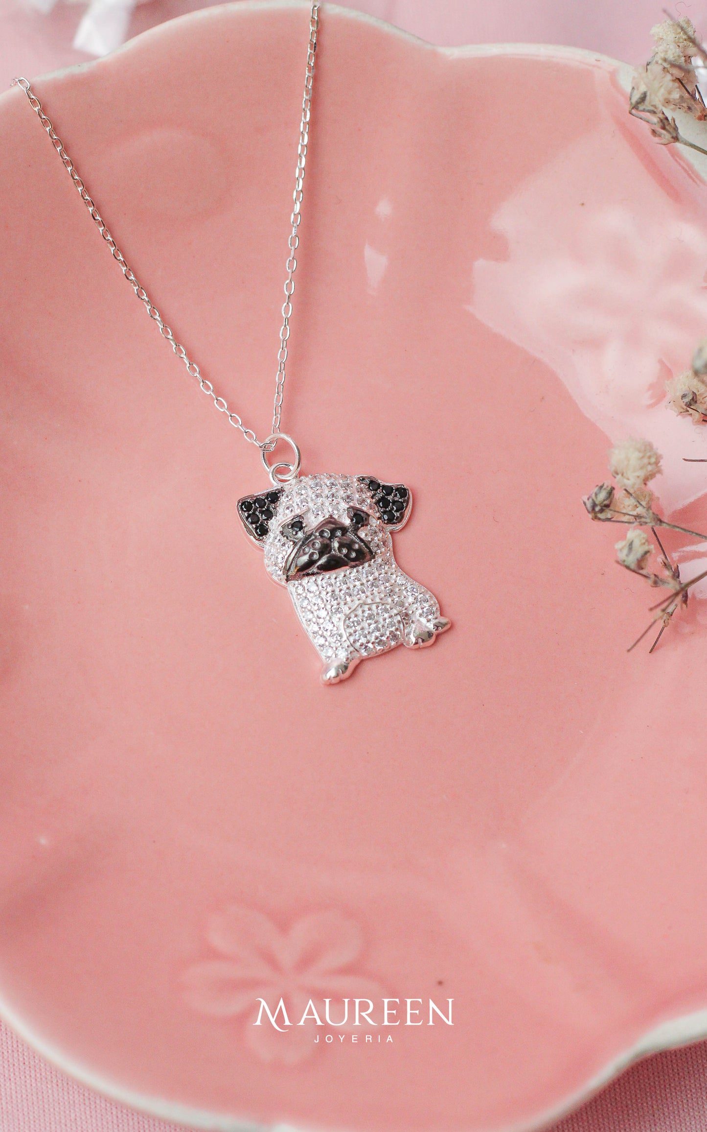 Collar perro Pug con circones - Plata