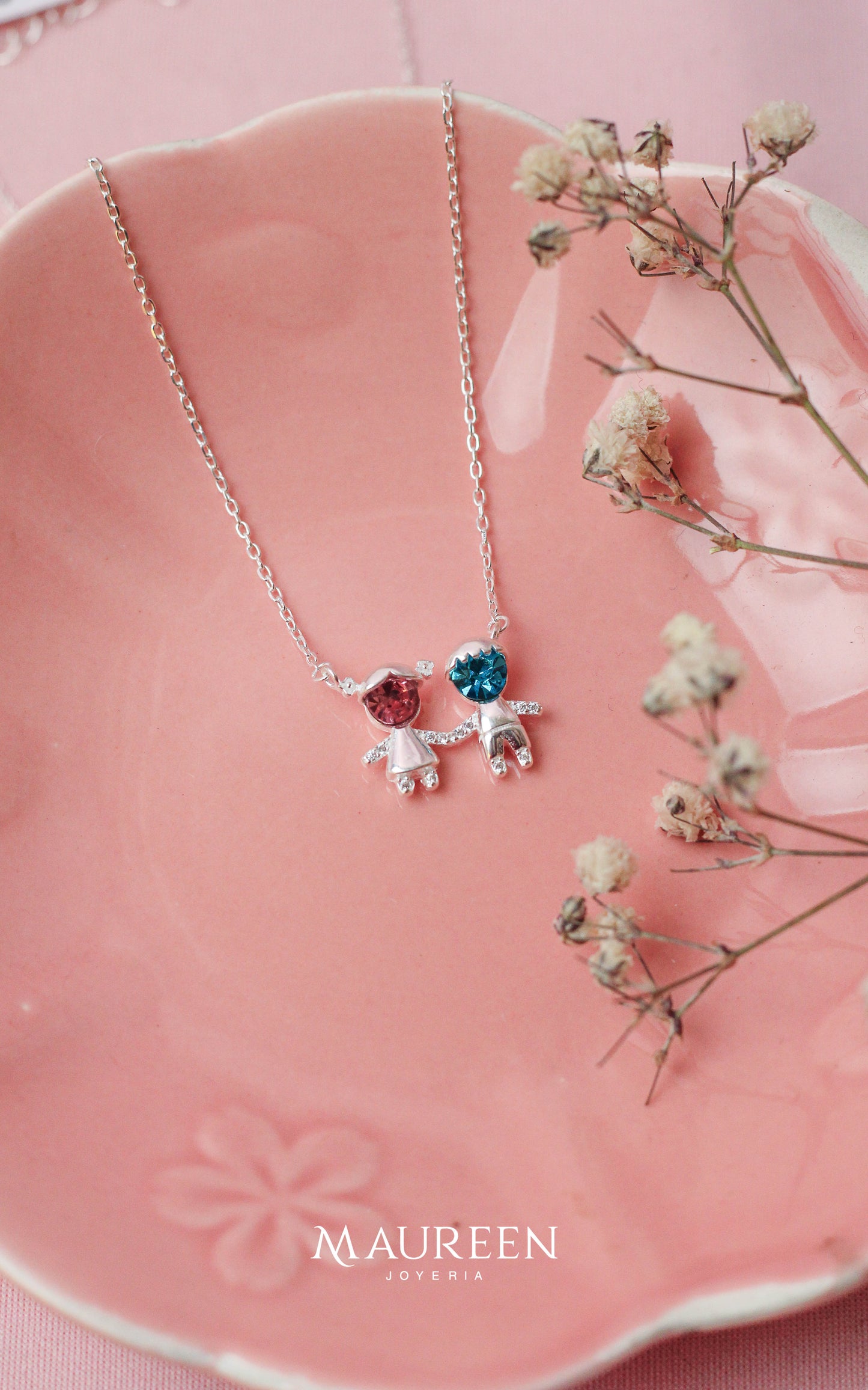 Collar niño y niña circon rosa y zafiro - Plata