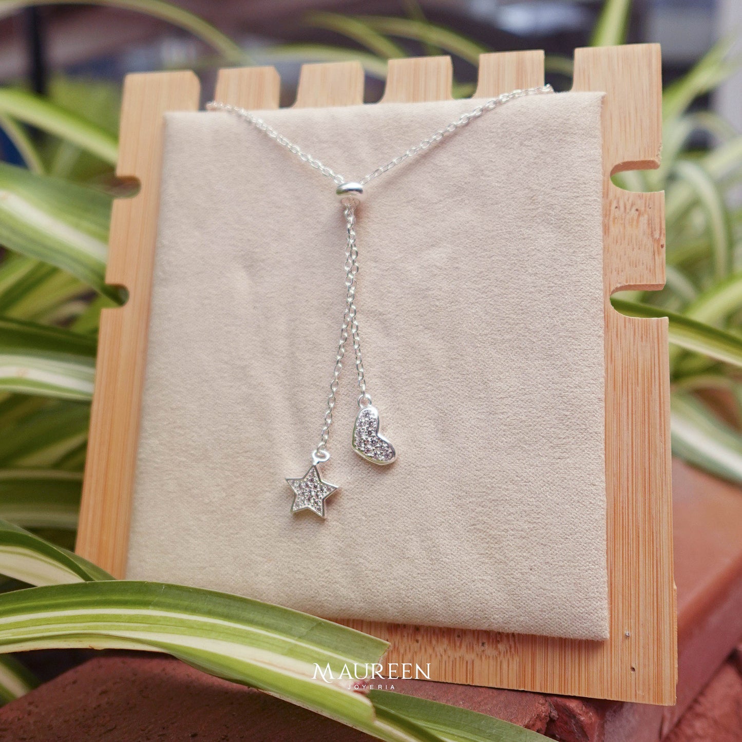 Collar regulable corazón y estrella con circones - Plata