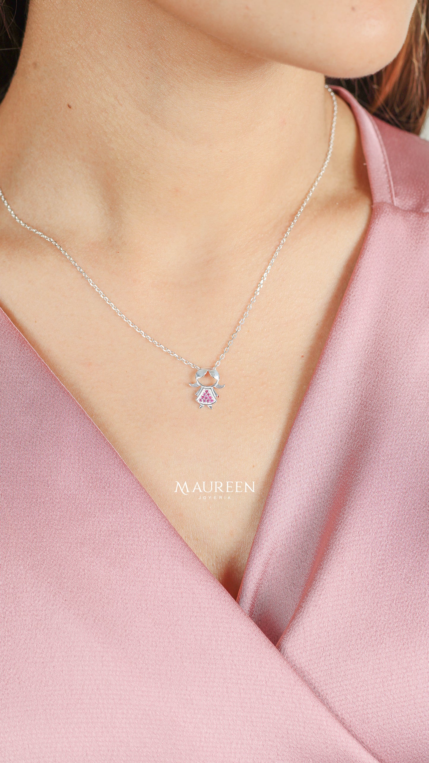 Collar niña con circones rosados - Plata