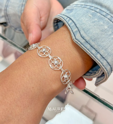 Pulsera circulos con flores caladas - Plata