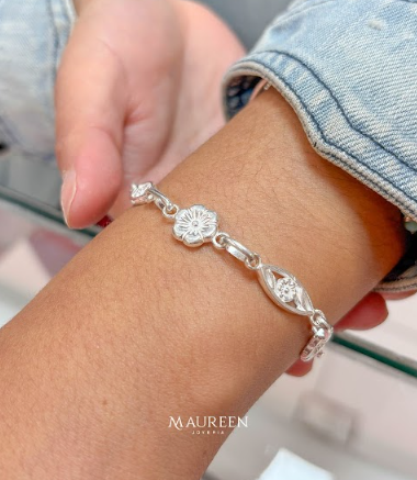 Pulsera flor y hojas con mini flor - Plata