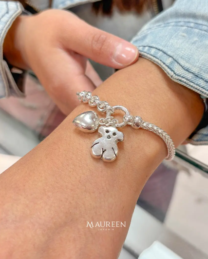 Pulsera espiga y roll on con dije oso tous, corazon - Plata