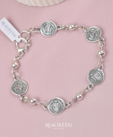 Pulsera san benito con esferas - Plata quemada
