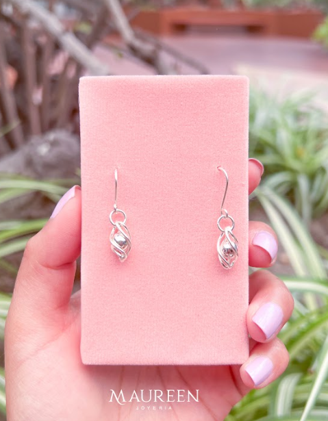 Arete bola encapsulada trenzada colgante grande - Plata