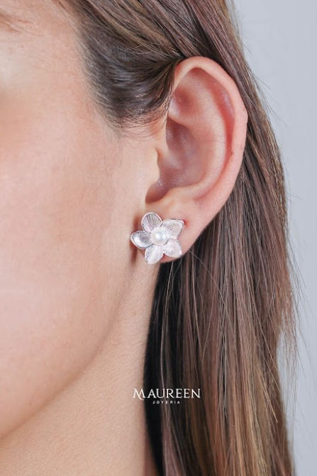 Arete flor perla diamantado pegado - Plata