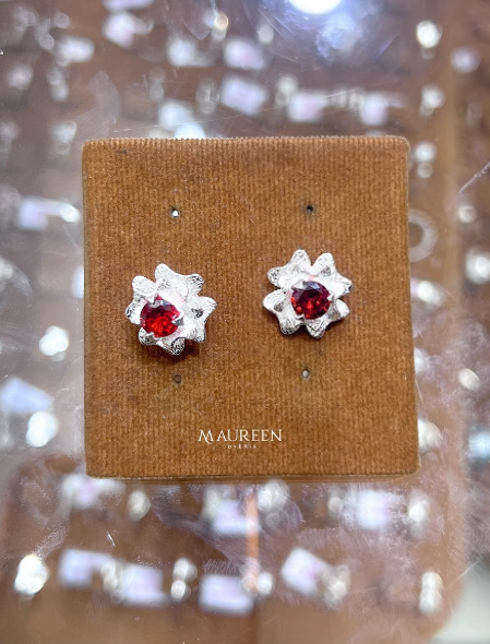 Arete flor circon rosado y rojo- Plata