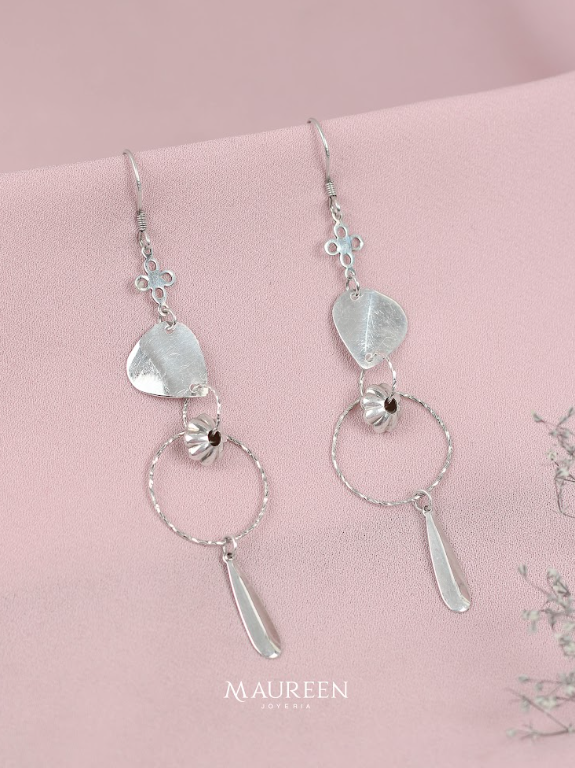 Arete colgante flor , circulos y gota plana - Plata