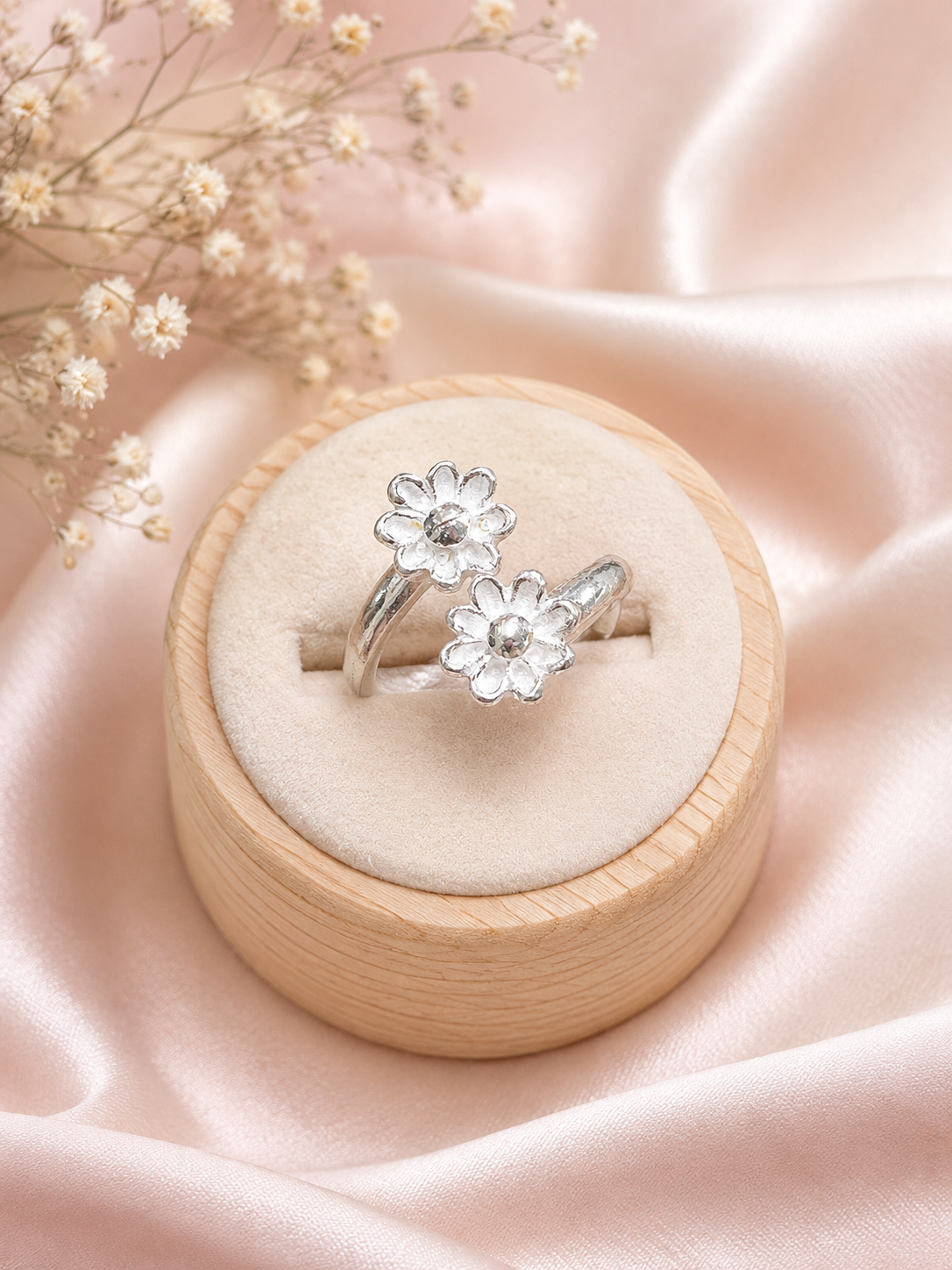 Anillo regulable dos flores - Plata