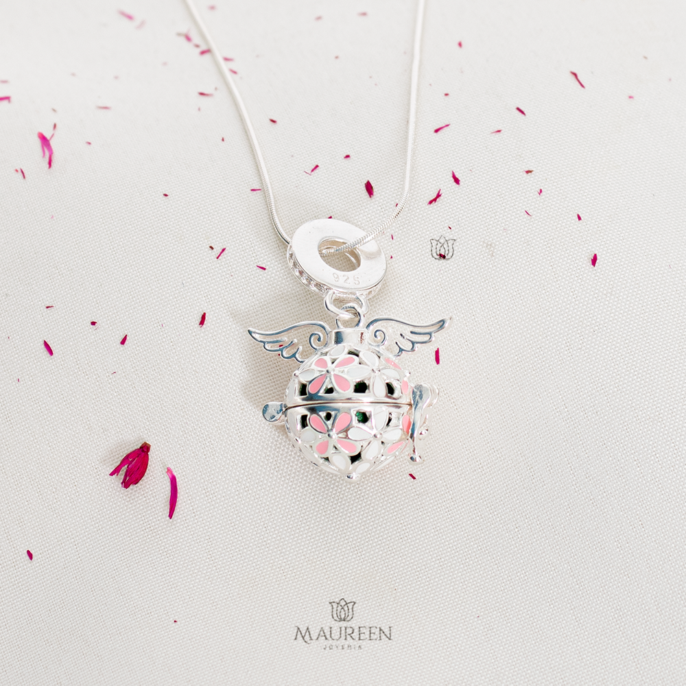 Dije llamador de angel con flores - Plata