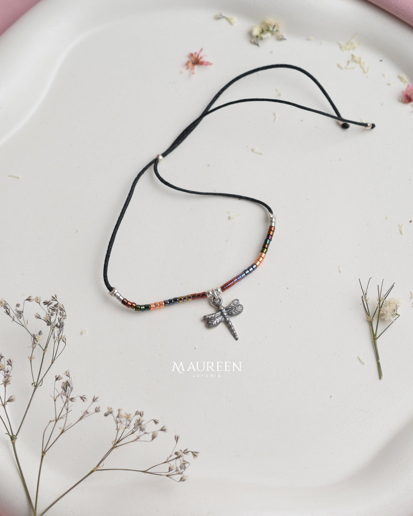 Pulsera miyuki hilo negro dije libélula - Plata