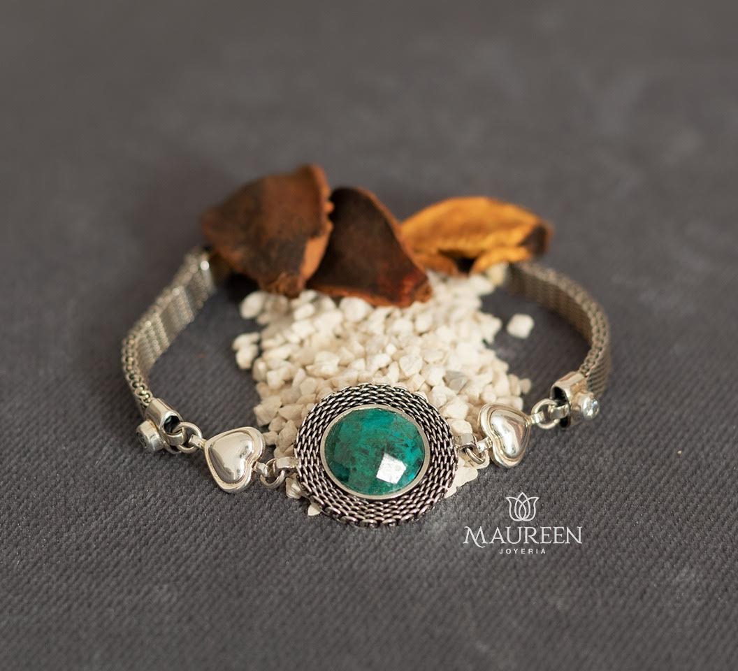 Pulsera piedra natural malaquita - Plata