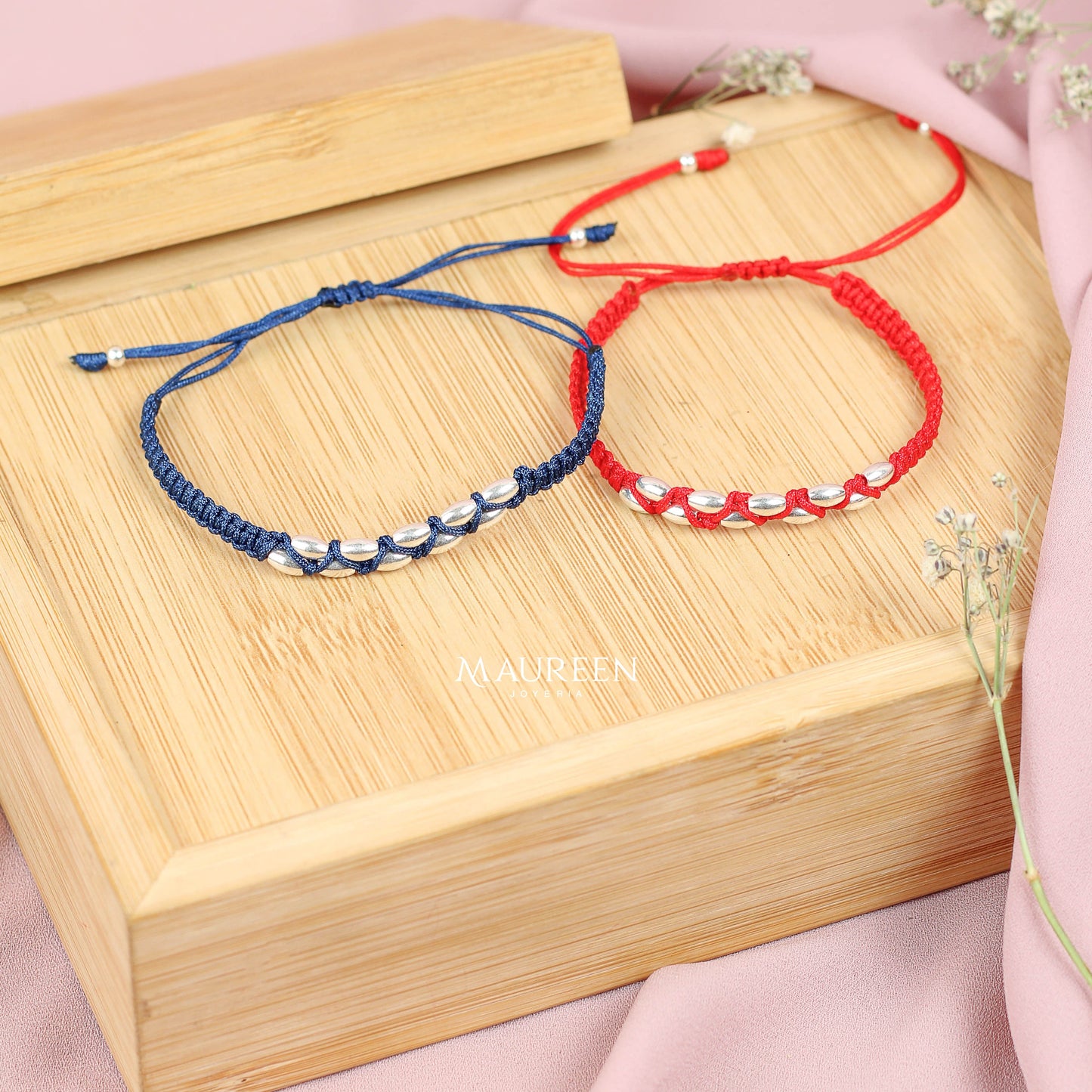 Pulsera de hilo arroz abundacia y prosperidad azul - Plata