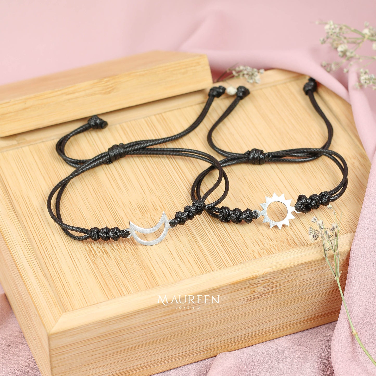 Pulsera de hilo de cuero dije sol - Plata