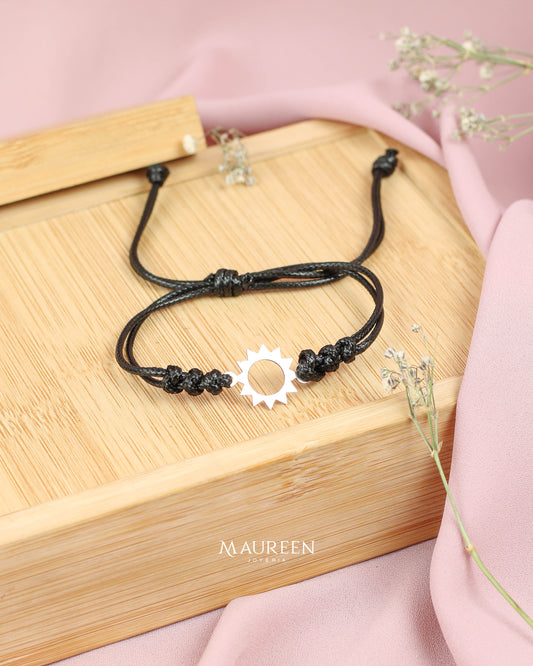 Pulsera de hilo de cuero dije sol - Plata