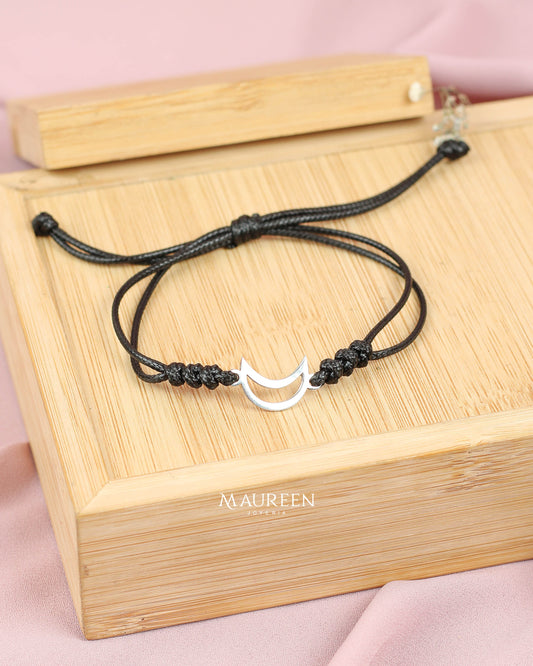 Pulsera de hilo de cuero dije luna - Plata