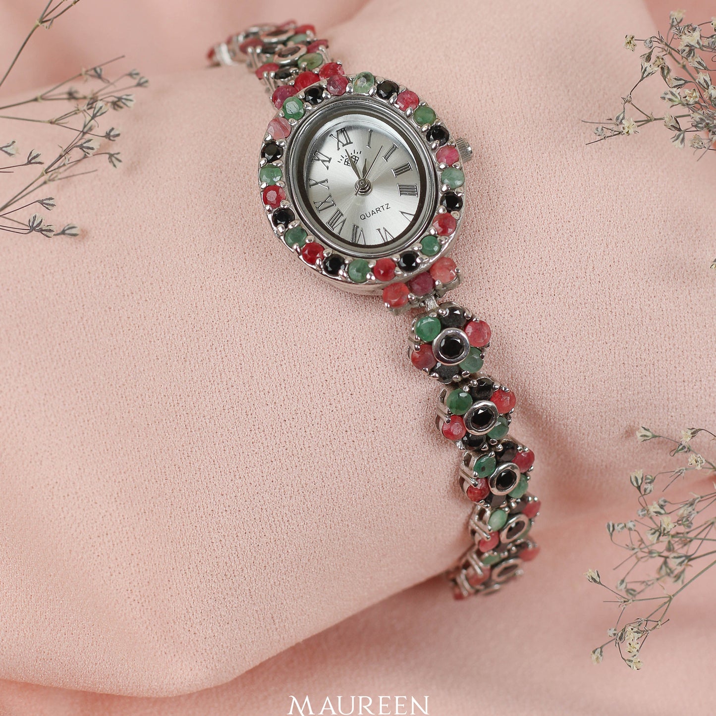 Reloj ovalado piedra natural con marquesita- Plata